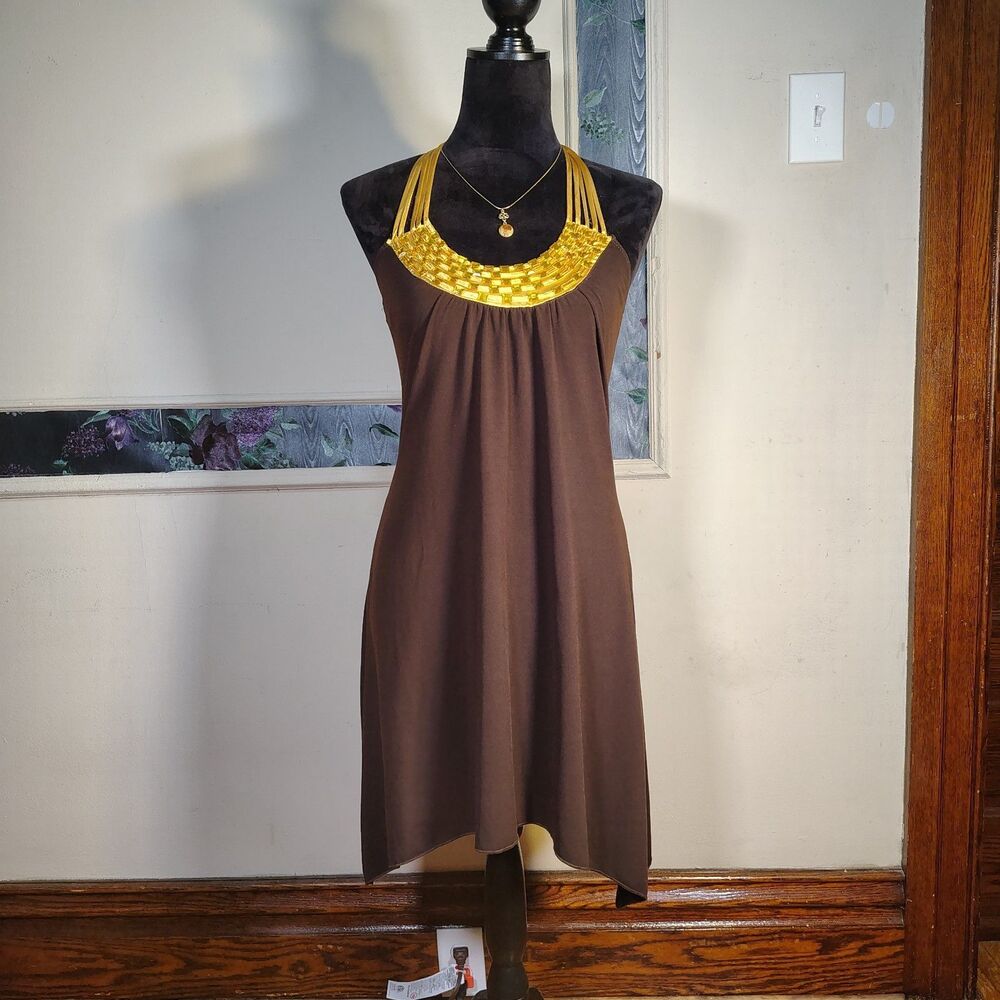 Y2K Beaded Brown Gold Halter Top Dress Club Wear Indie Sleaze/T36